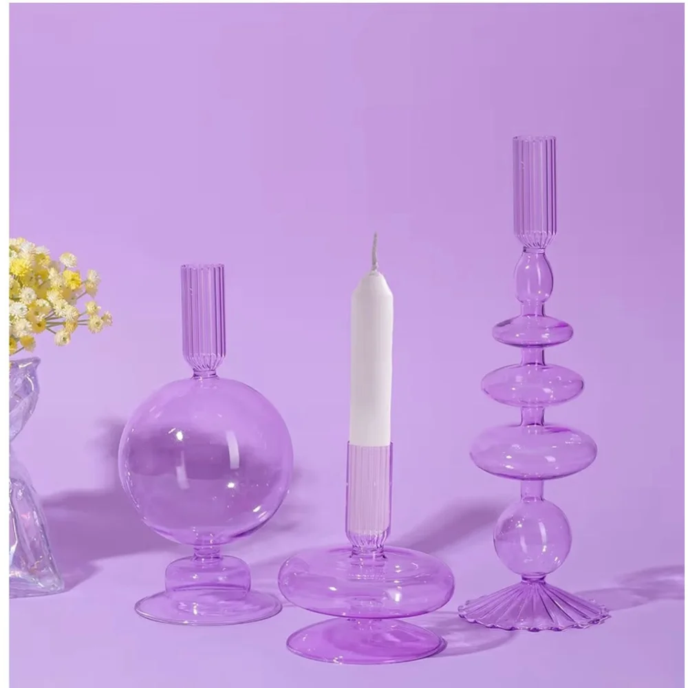 NEW Purple 3 Pcs Glass Candlestick Glass Taper Candle Holders